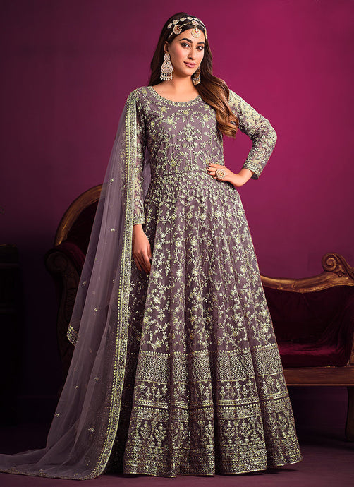 Purple Floral Heavy Embroidered  Anarkali Suit