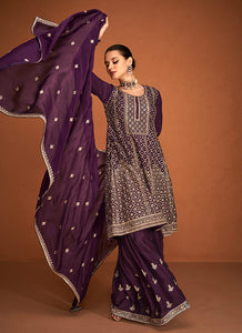 Purple Gold Embroidered Sharara Style Suit
