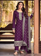 Load image into Gallery viewer, Purple Heavy Embroidered Designer Silk Pant Suit
