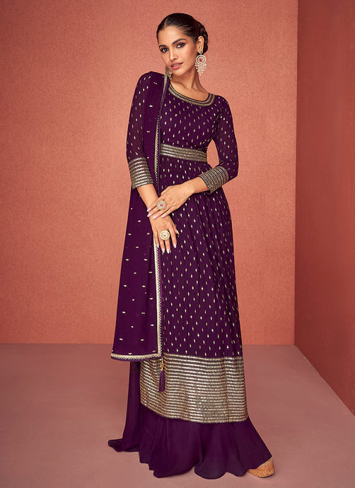 Purple Heavy Embroidered Stylish Sharara Suit