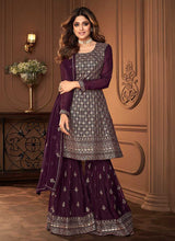 Load image into Gallery viewer, Purple and Gold Designer Embroidered Sharara Suit fashionandstylish.myshopify.com
