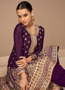 Purple and Gold Embroidered Fashionable Pant Style Suit
