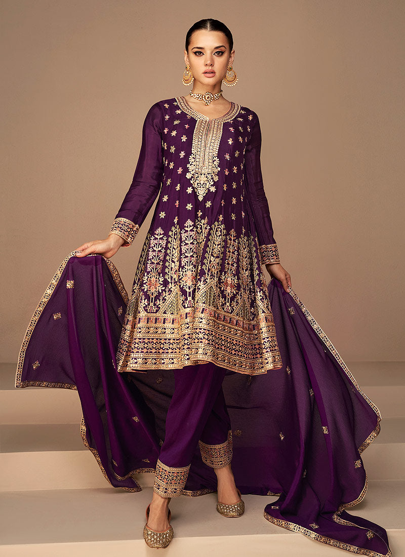Purple and Gold Embroidered Fashionable Pant Style Suit