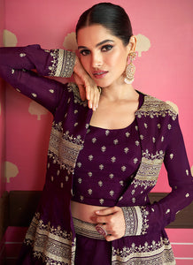 Purple and Gold Embroidered Jacket Style Lehenga