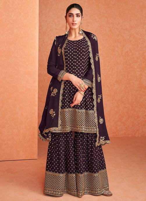 Purple and Gold Embroidered Sharara Style Suit fashionandstylish.myshopify.com