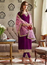 Load image into Gallery viewer, Purple and Gold Embroidered Straight Pant Style Suit fashionandstylish.myshopify.com
