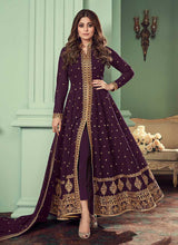 Load image into Gallery viewer, Purple and Gold Heavy Embroidered High Slit Anarkali fashionandstylish.myshopify.com
