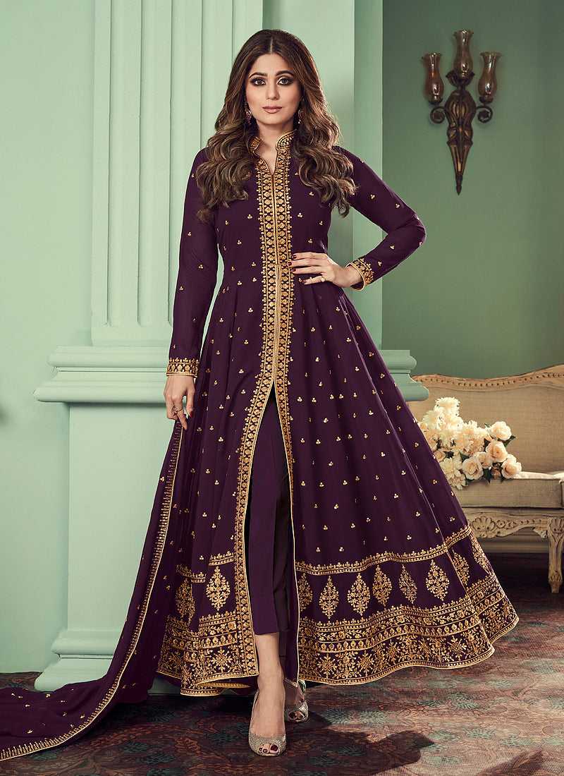 Purple and Gold Heavy Embroidered High Slit Anarkali fashionandstylish.myshopify.com