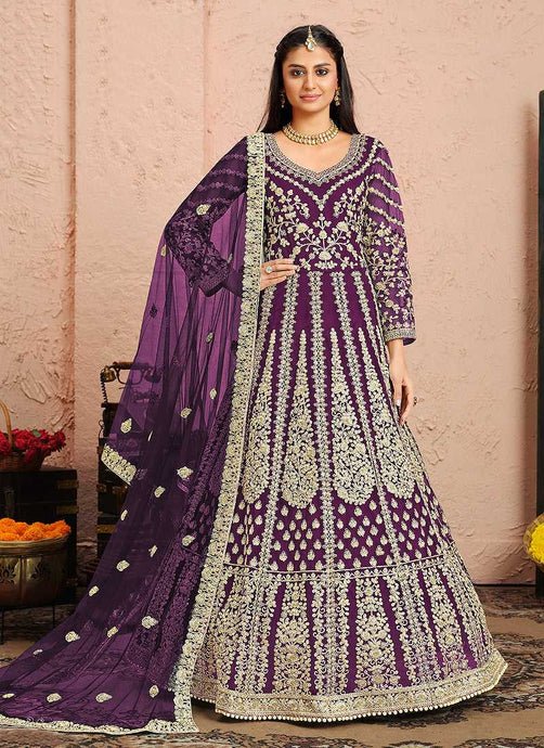 Purple and Gold Heavy Embroidered Kalidar Anarkali Suit fashionandstylish.myshopify.com