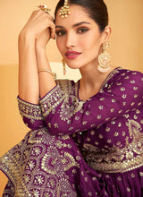 Load image into Gallery viewer, Purple and Gold Heavy Embroidered Sharara Style Suit fashionandstylish.myshopify.com
