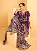 Load image into Gallery viewer, Purple and Gold Heavy Embroidered Sharara Style Suit fashionandstylish.myshopify.com
