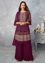Load image into Gallery viewer, Purple and Gold Heavy Embroidered Stylish Palazzo Suit fashionandstylish.myshopify.com

