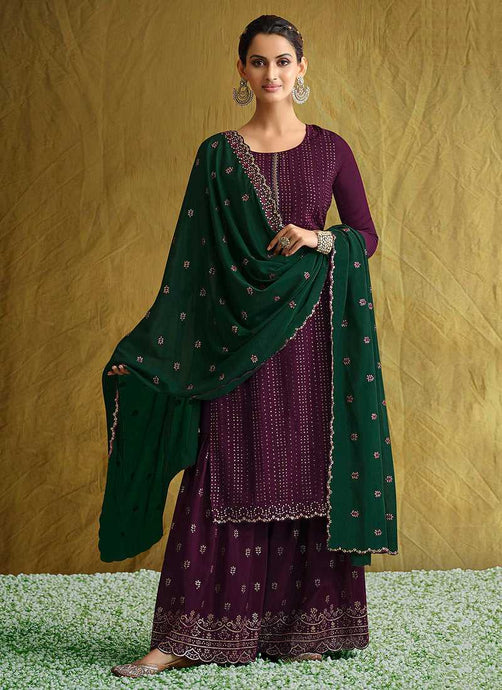 Purple and Green Embroidered Stylish Palazzo Style Suit fashionandstylish.myshopify.com