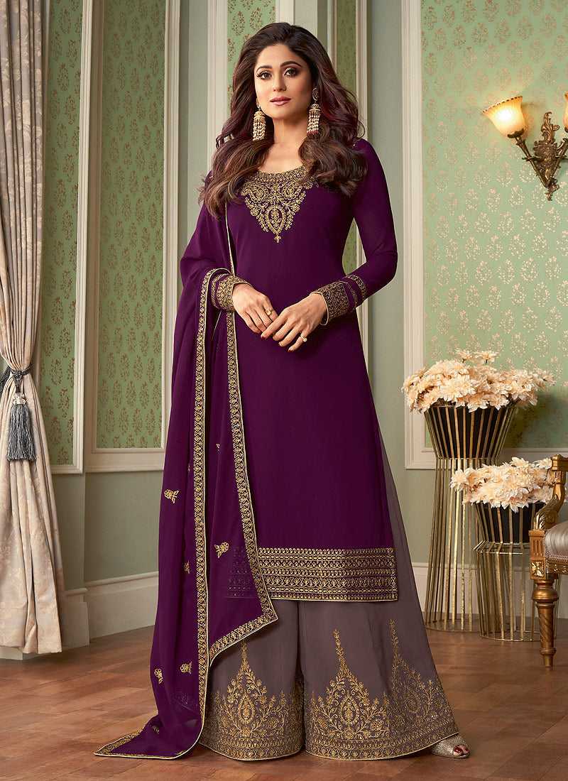 Purple and Grey Embroidered Sharara Style Suit fashionandstylish.myshopify.com