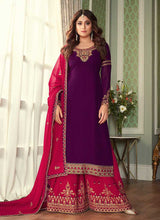 Load image into Gallery viewer, Purple and Pink Embroidered Sharara Style Suit fashionandstylish.myshopify.com
