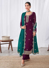 Load image into Gallery viewer, Purple and Teal Embroidered Palazzo Suit fashionandstylish.myshopify.com
