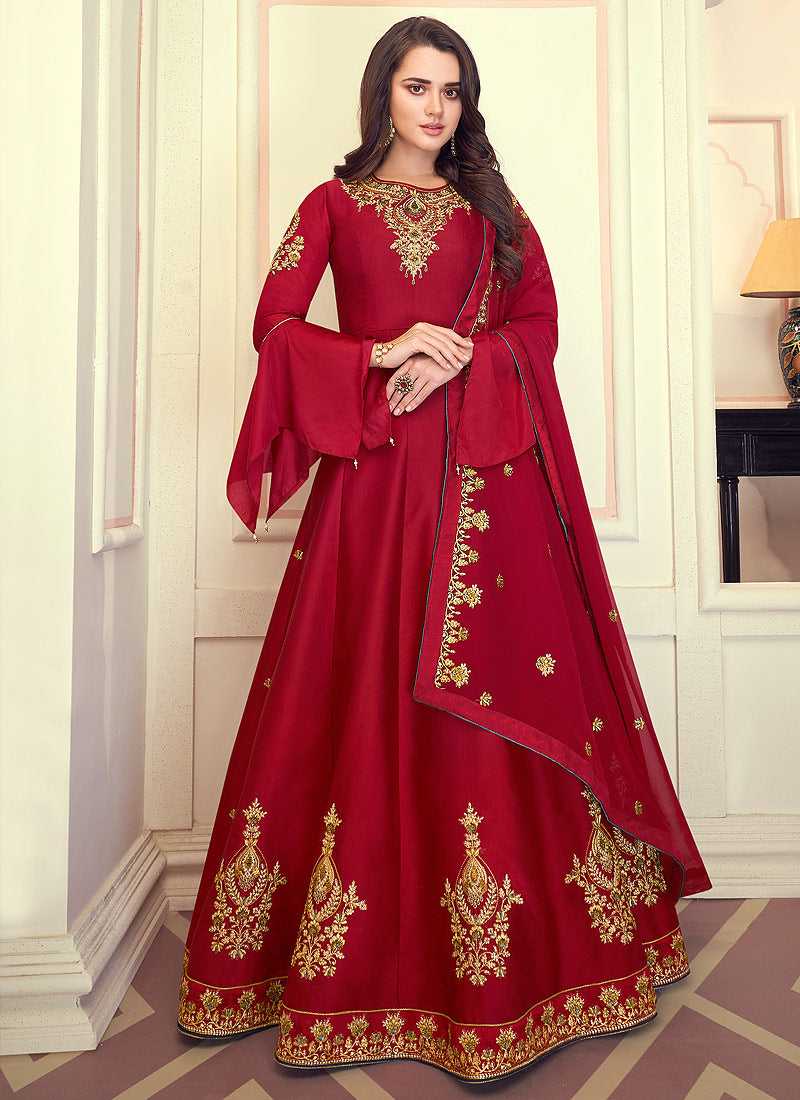 Red Colored Kalidar Embroidered Silk Voluptuous Gown fashionandstylish.myshopify.com