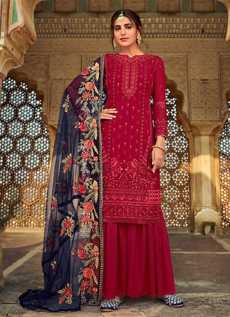 Red Embroidered Palazzo Style Suit fashionandstylish.myshopify.com