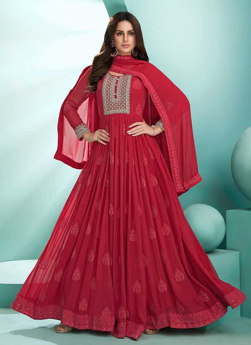 Red Embroidered Stylish Kalidar Anarkali Suit fashionandstylish.myshopify.com