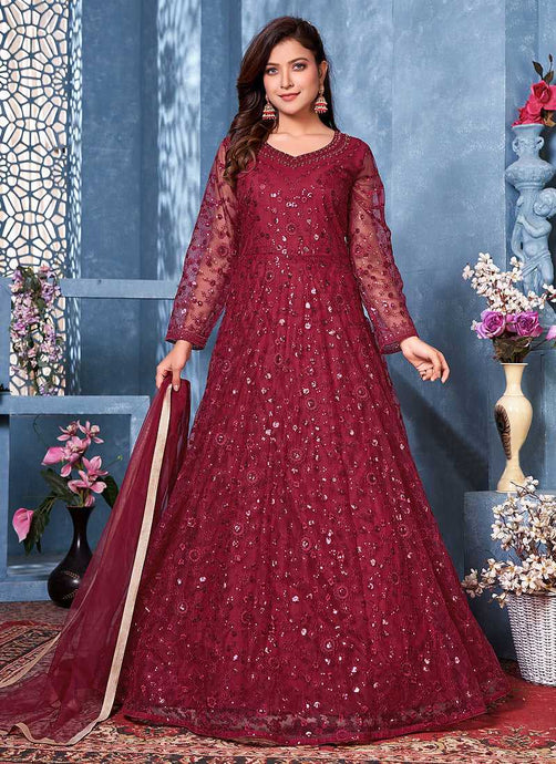 Red Floral Heavy Embroidered Gown Style Anarkali fashionandstylish.myshopify.com