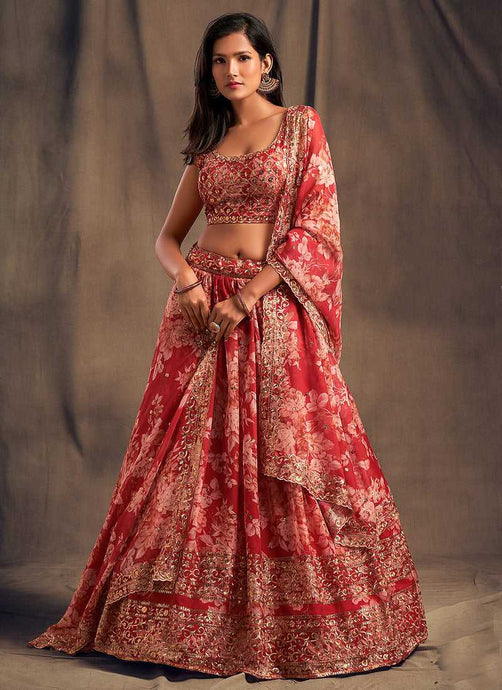 Red Floral Printed Stylish Embroidered Lehenga Choli fashionandstylish.myshopify.com