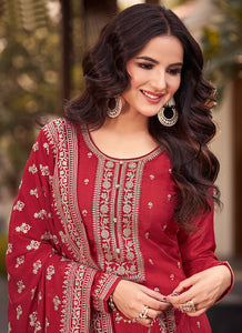 Red Heavy Embroidered Designer Silk Pant Suit