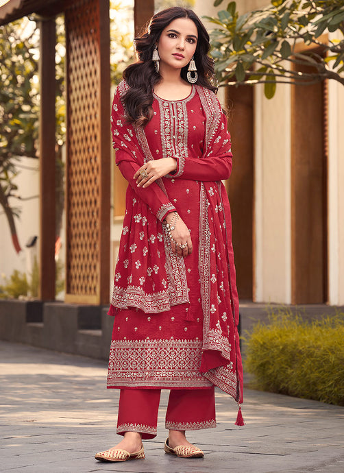 Red Heavy Embroidered Designer Silk Pant Suit