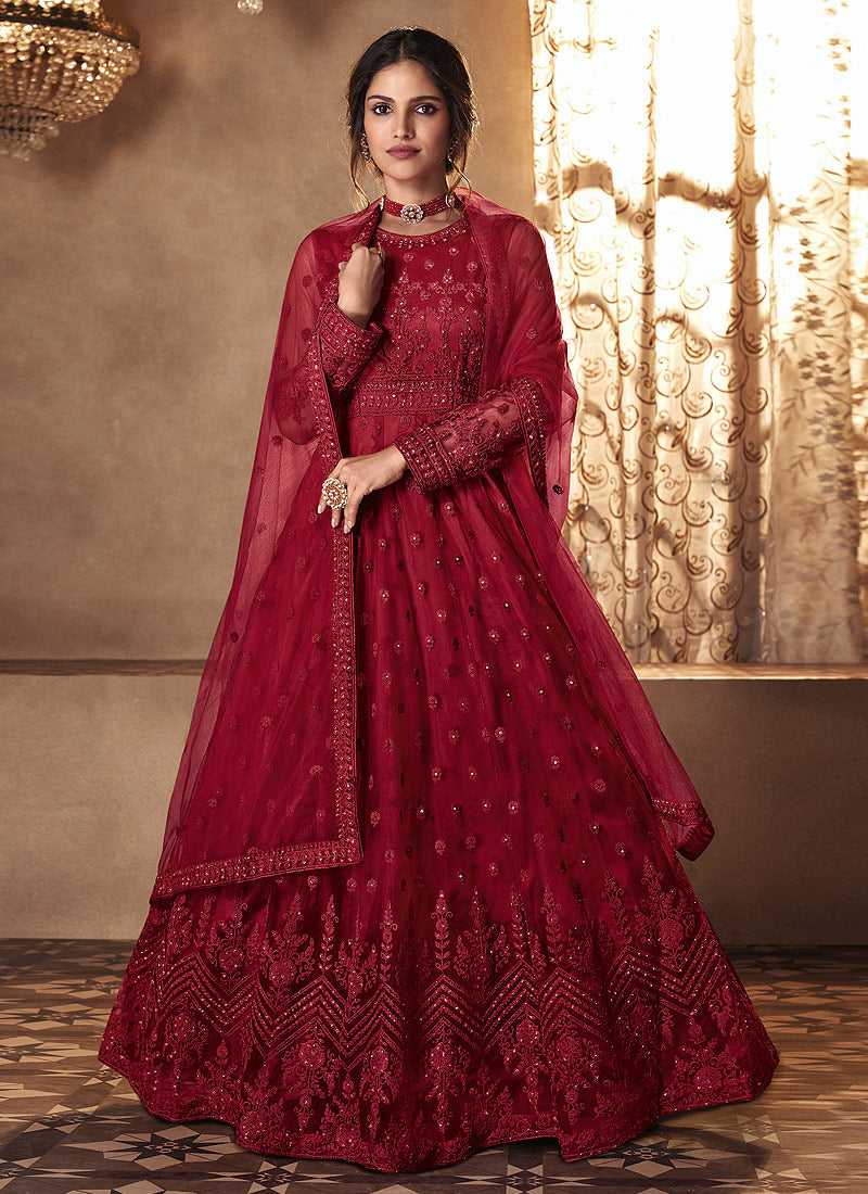 Red Heavy Embroidered Gown Style Anarkali Suit – Fashneo
