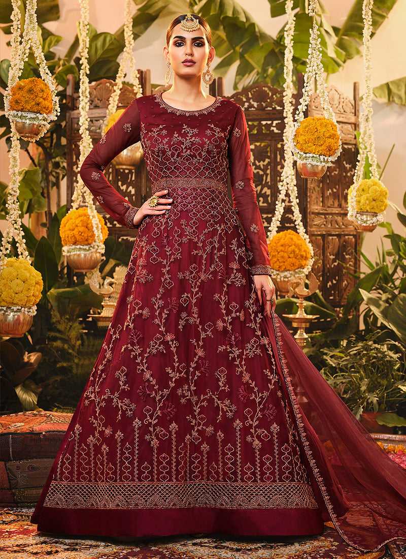 Red Heavy Embroidered Kalidar Anarkali- India Clothing – Fashneo