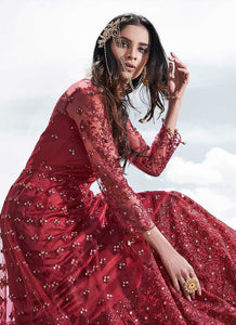 Red Heavy Embroidered Kalidar Lehenga/ Pant Style Anarkali fashionandstylish.myshopify.com