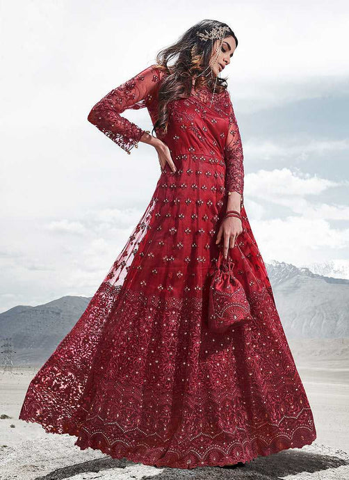 Red Heavy Embroidered Kalidar Lehenga/ Pant Style Anarkali fashionandstylish.myshopify.com