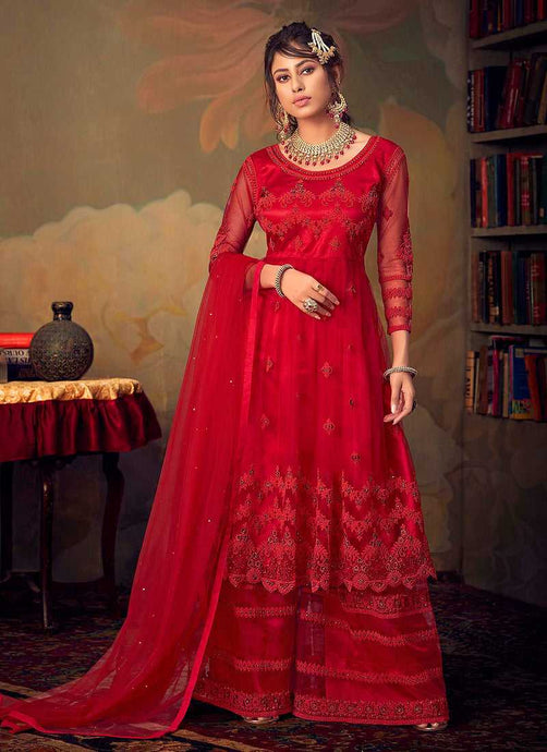 Red Heavy Embroidered Net Sharara Style Suit fashionandstylish.myshopify.com