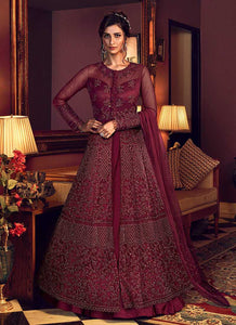 Red Wine Heavy Embroidered Lehenga/ Pant Style Anarkali fashionandstylish.myshopify.com