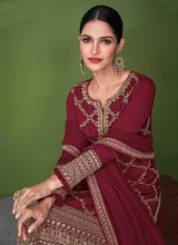 Load image into Gallery viewer, Red and Gold Embroidered Palazzo Style Suit fashionandstylish.myshopify.com
