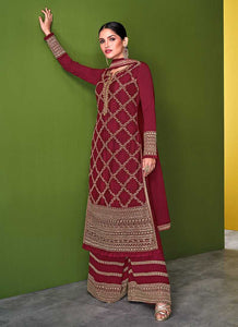 Red and Gold Embroidered Palazzo Style Suit fashionandstylish.myshopify.com