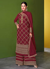 Load image into Gallery viewer, Red and Gold Embroidered Palazzo Style Suit fashionandstylish.myshopify.com
