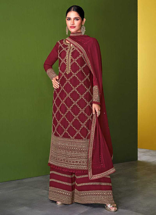 Red and Gold Embroidered Palazzo Style Suit fashionandstylish.myshopify.com