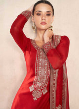 Load image into Gallery viewer, Red and Gold Embroidered Pant Style Suit fashionandstylish.myshopify.com
