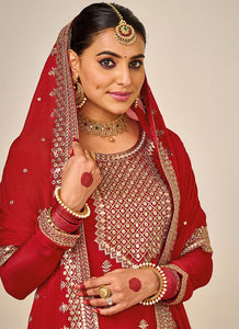 Red and Gold Embroidered Sharara Style Suit