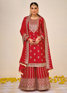 Red and Gold Embroidered Sharara Style Suit