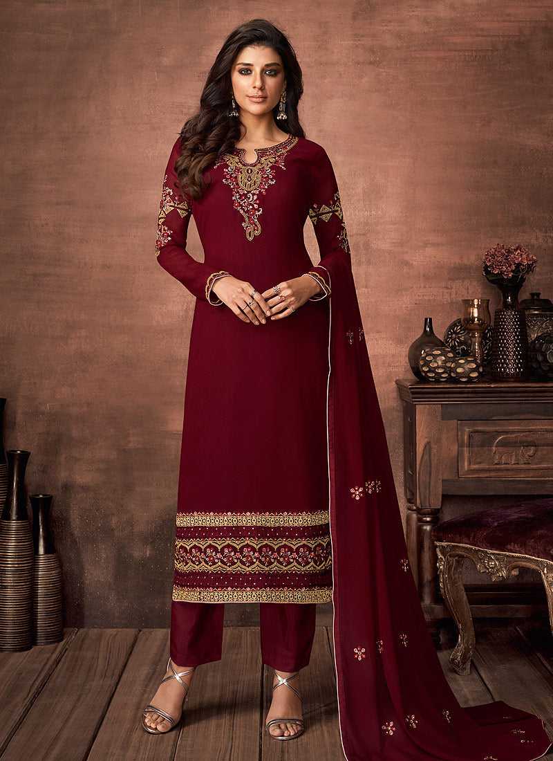 Red and Gold Embroidered Straight Pant Style Suit fashionandstylish.myshopify.com