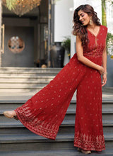 Load image into Gallery viewer, Red and Gold Embroidered Western Jump Suit fashionandstylish.myshopify.com
