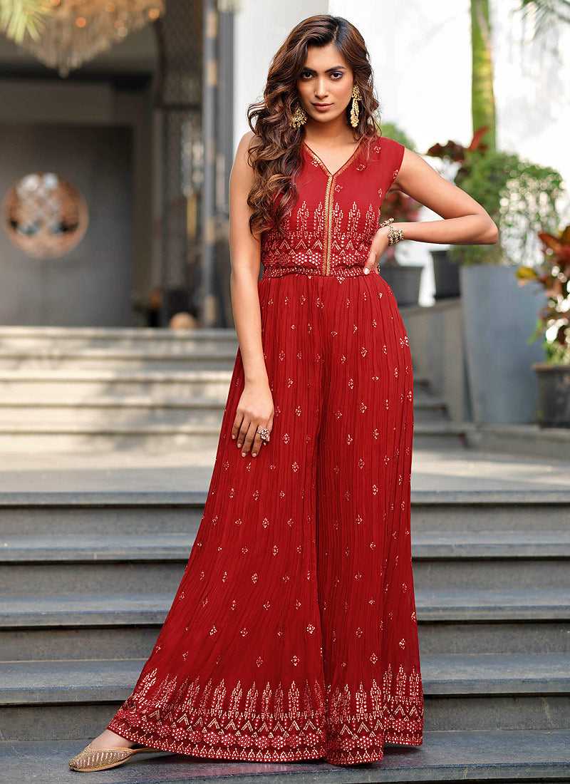Red and Gold Embroidered Western Jump Suit fashionandstylish.myshopify.com