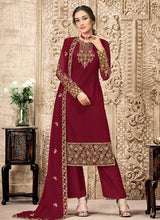 Load image into Gallery viewer, Red and Gold Straight Cut Embroidered Pant Style Suit fashionandstylish.myshopify.com
