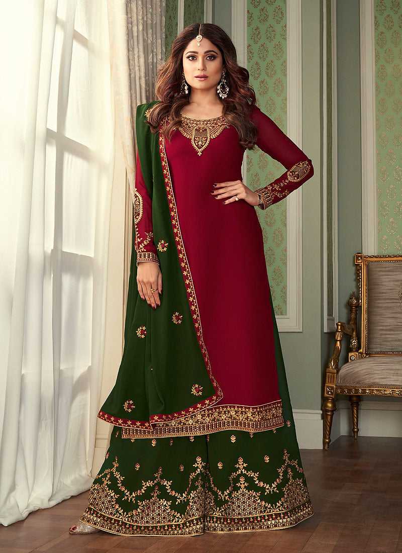 Red and Green Embroidered Sharara Style Suit Red and Green Embroidered Sharara Style Suit