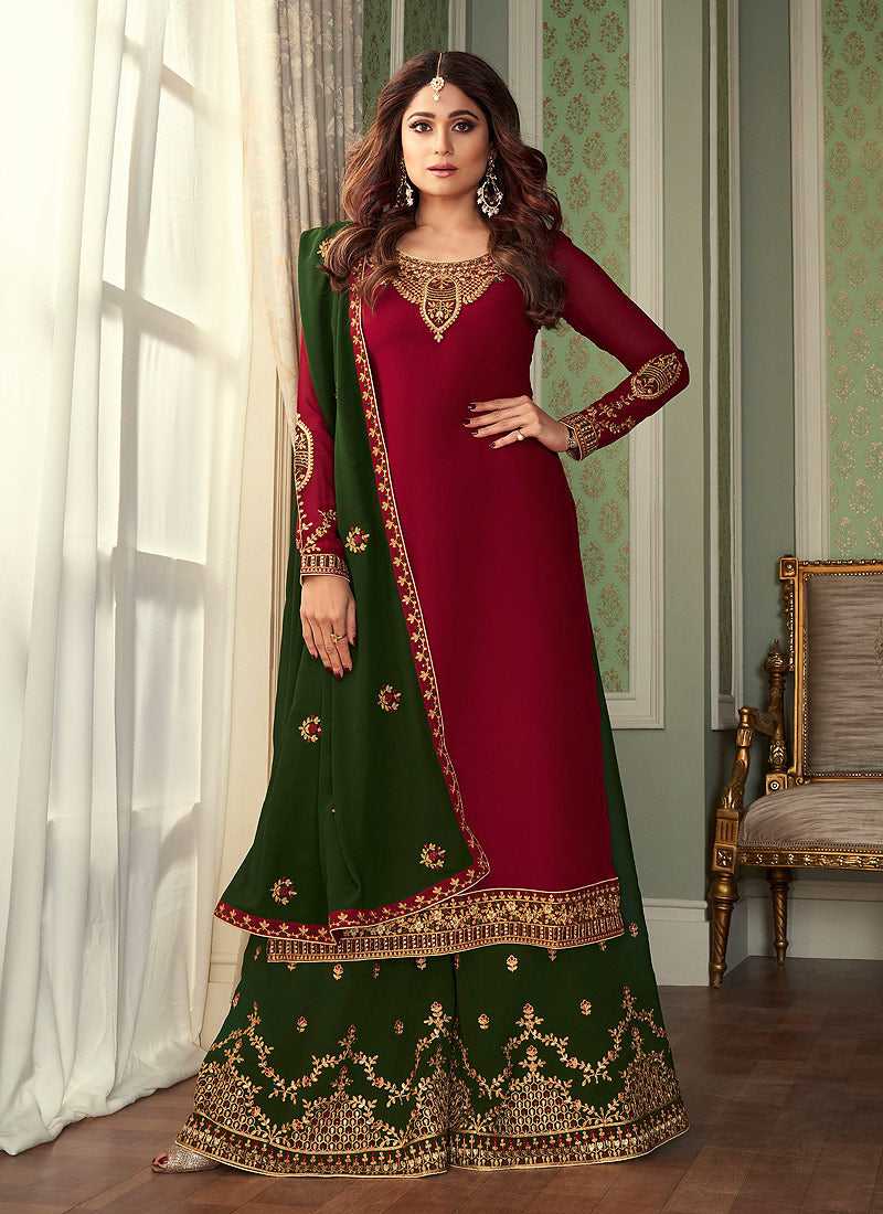 Red and Green Embroidered Sharara Style Suit fashionandstylish.myshopify.com