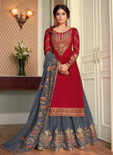 Load image into Gallery viewer, Red and Grey Embroidered Lehenga Style Anarkali Suit fashionandstylish.myshopify.com
