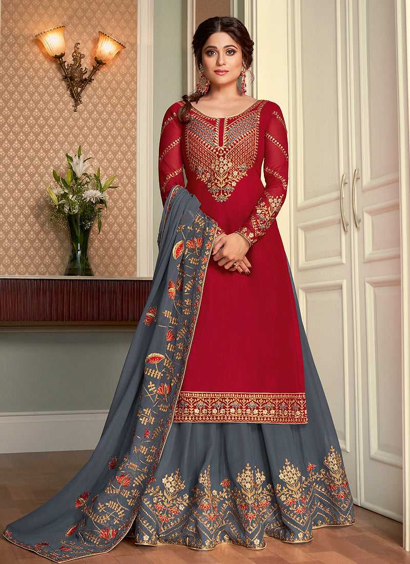Red and Grey Embroidered Lehenga Style Anarkali Suit fashionandstylish.myshopify.com