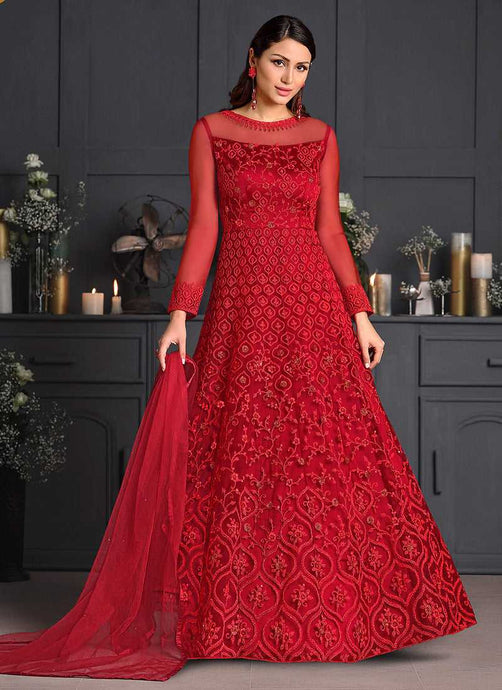 Rose Red Heavy Floral Embroidered Kalidar Gown Style Anarkali fashionandstylish.myshopify.com