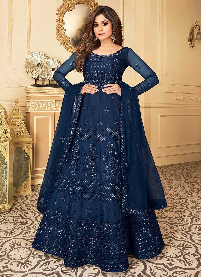 Royal Ink Embroidered Pure Georgette Anarkali-Plus Size Clothing(XS-10XL)